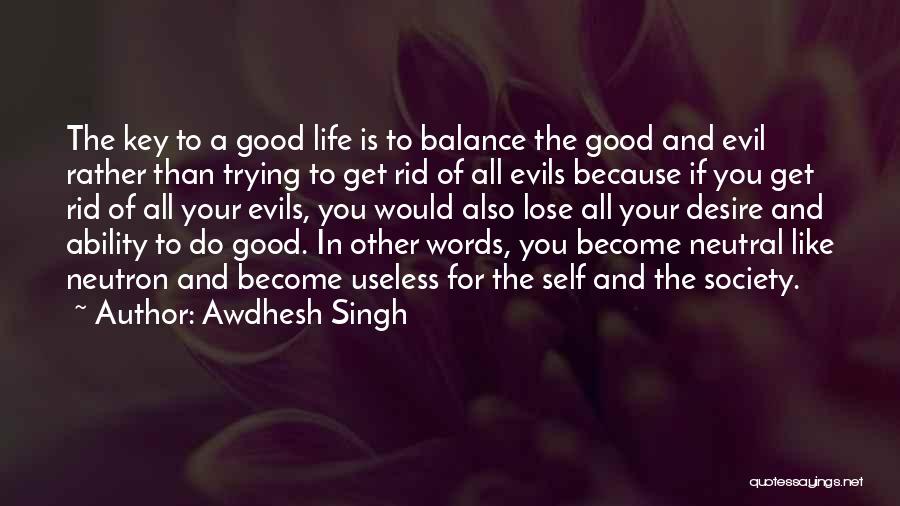 Awdhesh Singh Quotes: The Key To A Good Life Is To Balance The Good And Evil Rather Than Trying To Get Rid Of