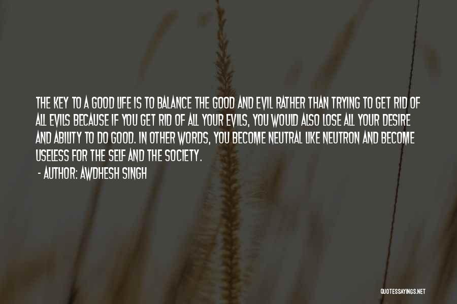 Awdhesh Singh Quotes: The Key To A Good Life Is To Balance The Good And Evil Rather Than Trying To Get Rid Of