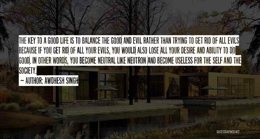 Awdhesh Singh Quotes: The Key To A Good Life Is To Balance The Good And Evil Rather Than Trying To Get Rid Of