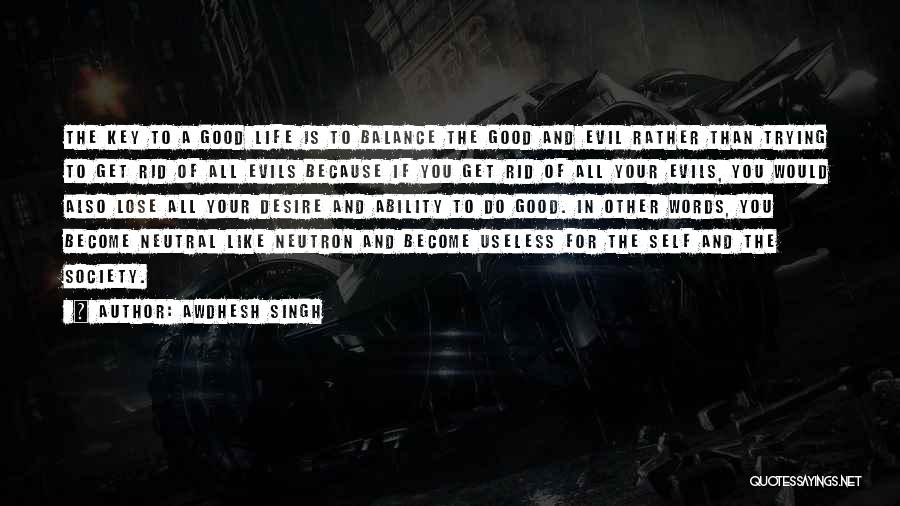 Awdhesh Singh Quotes: The Key To A Good Life Is To Balance The Good And Evil Rather Than Trying To Get Rid Of