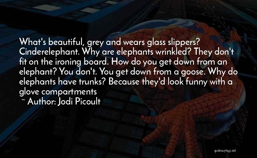 Jodi Picoult Quotes: What's Beautiful, Grey And Wears Glass Slippers? Cinderelephant. Why Are Elephants Wrinkled? They Don't Fit On The Ironing Board. How
