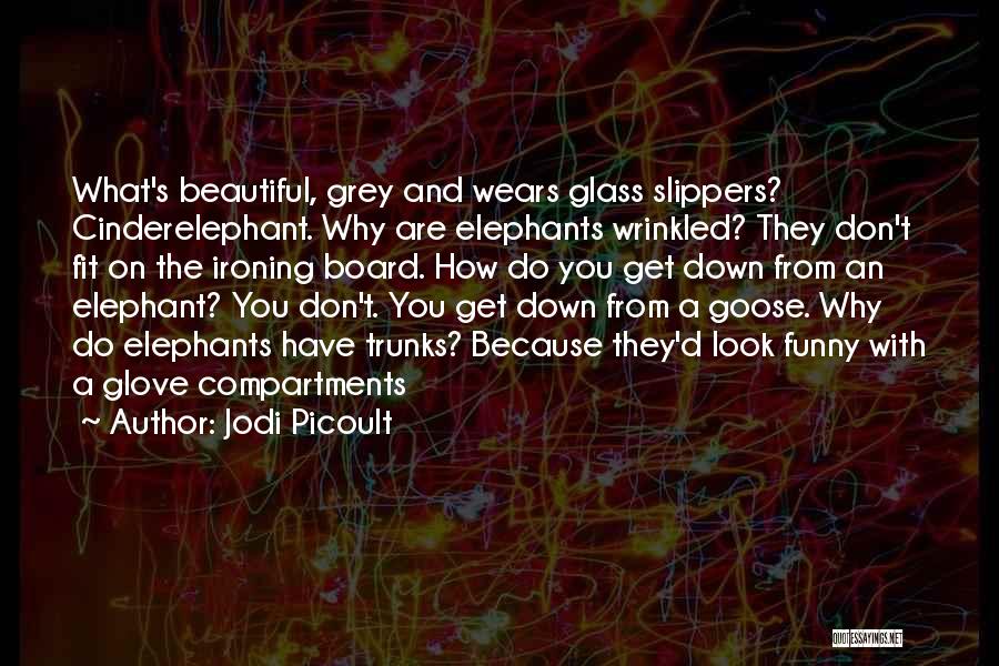 Jodi Picoult Quotes: What's Beautiful, Grey And Wears Glass Slippers? Cinderelephant. Why Are Elephants Wrinkled? They Don't Fit On The Ironing Board. How