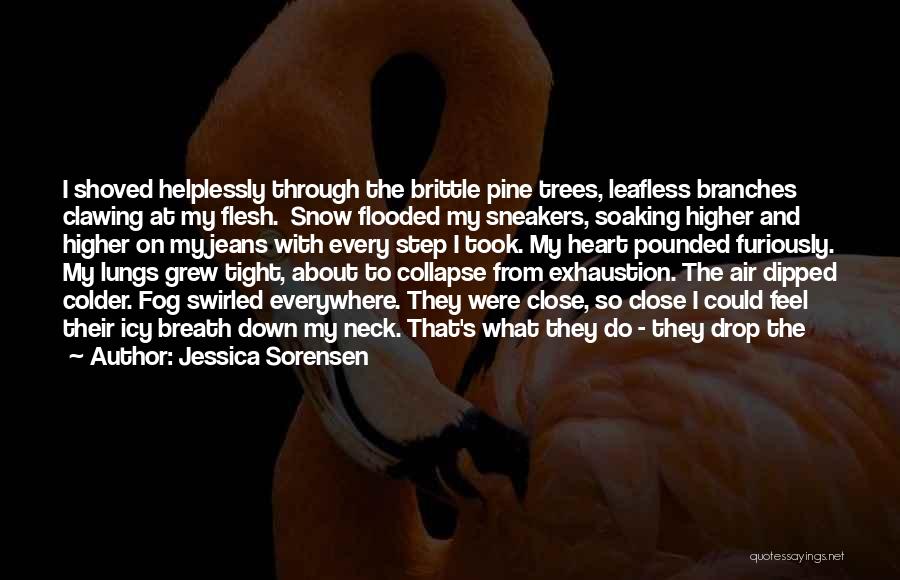Jessica Sorensen Quotes: I Shoved Helplessly Through The Brittle Pine Trees, Leafless Branches Clawing At My Flesh. Snow Flooded My Sneakers, Soaking Higher