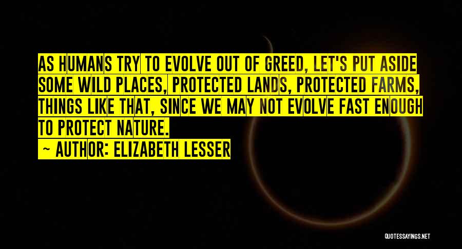 Elizabeth Lesser Quotes: As Humans Try To Evolve Out Of Greed, Let's Put Aside Some Wild Places, Protected Lands, Protected Farms, Things Like