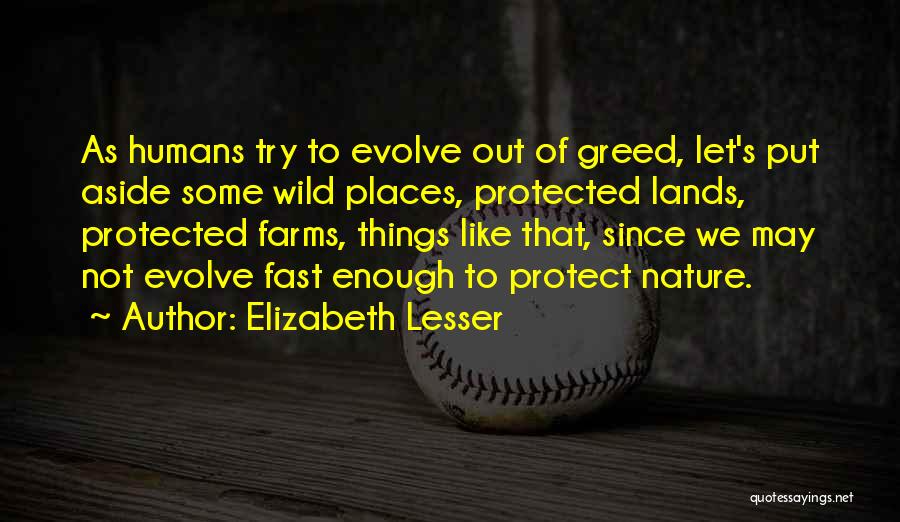 Elizabeth Lesser Quotes: As Humans Try To Evolve Out Of Greed, Let's Put Aside Some Wild Places, Protected Lands, Protected Farms, Things Like