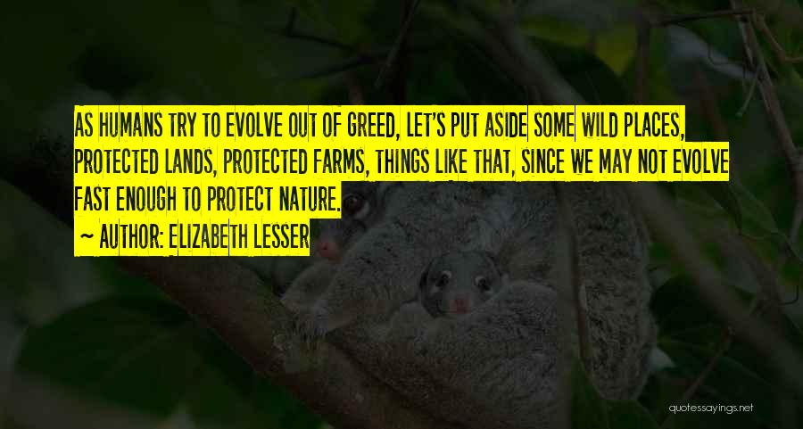 Elizabeth Lesser Quotes: As Humans Try To Evolve Out Of Greed, Let's Put Aside Some Wild Places, Protected Lands, Protected Farms, Things Like