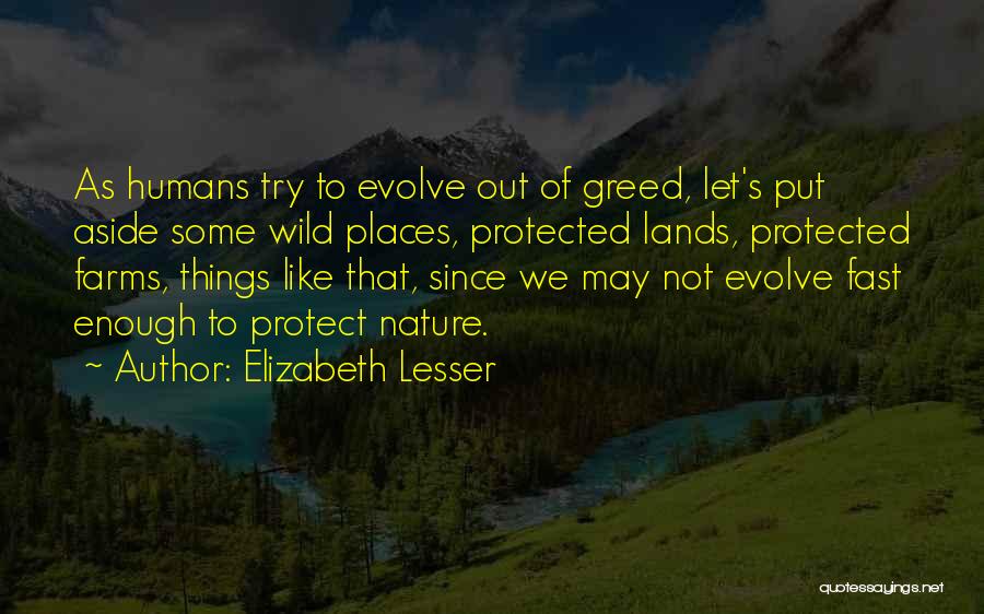 Elizabeth Lesser Quotes: As Humans Try To Evolve Out Of Greed, Let's Put Aside Some Wild Places, Protected Lands, Protected Farms, Things Like