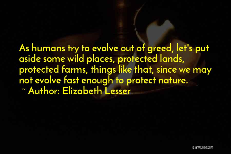 Elizabeth Lesser Quotes: As Humans Try To Evolve Out Of Greed, Let's Put Aside Some Wild Places, Protected Lands, Protected Farms, Things Like