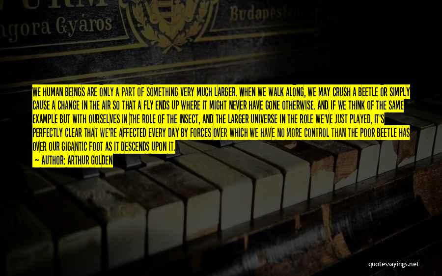 Arthur Golden Quotes: We Human Beings Are Only A Part Of Something Very Much Larger. When We Walk Along, We May Crush A