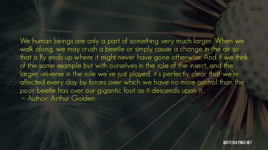 Arthur Golden Quotes: We Human Beings Are Only A Part Of Something Very Much Larger. When We Walk Along, We May Crush A