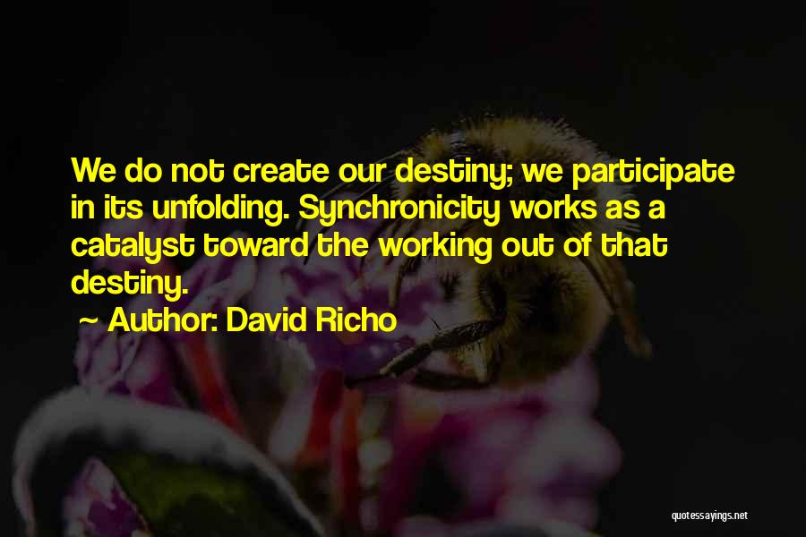 David Richo Quotes: We Do Not Create Our Destiny; We Participate In Its Unfolding. Synchronicity Works As A Catalyst Toward The Working Out