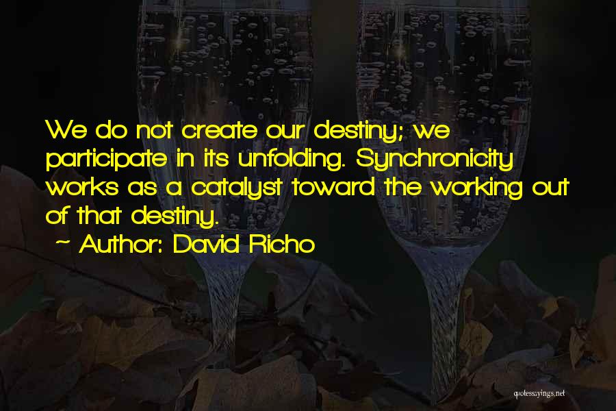 David Richo Quotes: We Do Not Create Our Destiny; We Participate In Its Unfolding. Synchronicity Works As A Catalyst Toward The Working Out