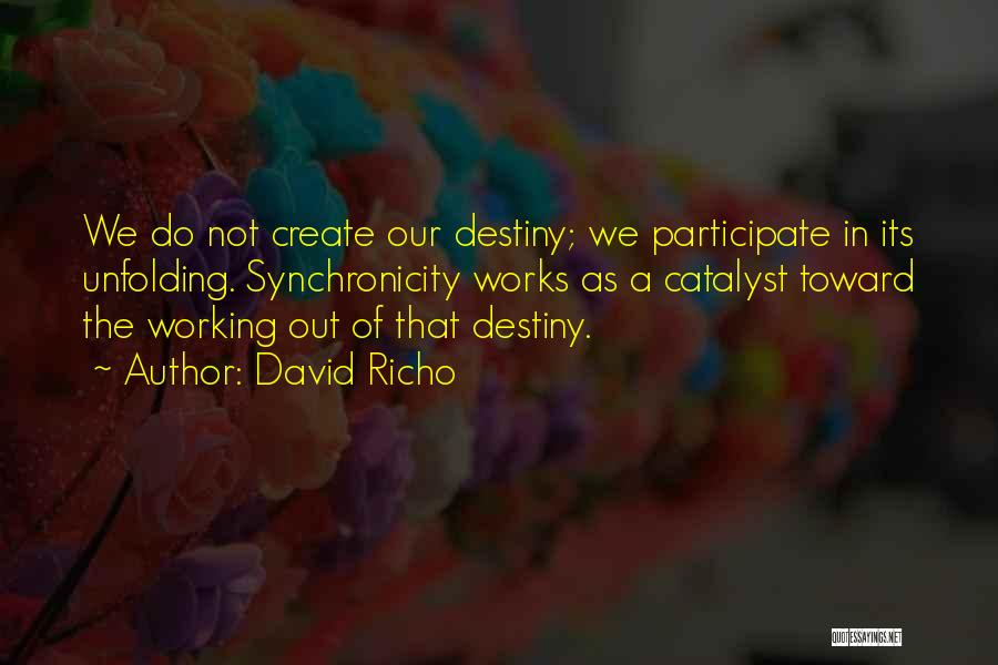 David Richo Quotes: We Do Not Create Our Destiny; We Participate In Its Unfolding. Synchronicity Works As A Catalyst Toward The Working Out