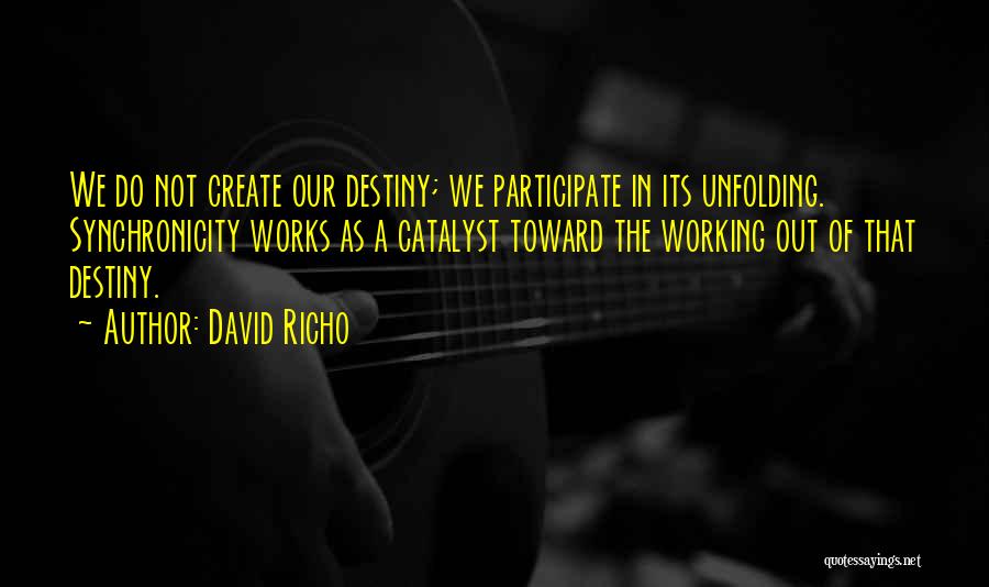 David Richo Quotes: We Do Not Create Our Destiny; We Participate In Its Unfolding. Synchronicity Works As A Catalyst Toward The Working Out