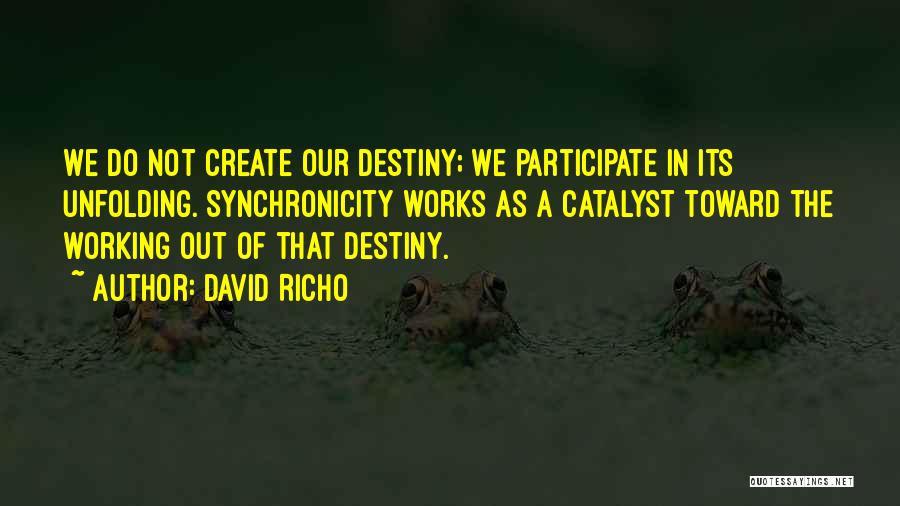 David Richo Quotes: We Do Not Create Our Destiny; We Participate In Its Unfolding. Synchronicity Works As A Catalyst Toward The Working Out