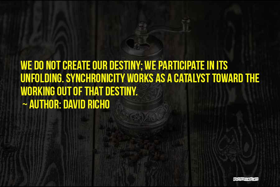 David Richo Quotes: We Do Not Create Our Destiny; We Participate In Its Unfolding. Synchronicity Works As A Catalyst Toward The Working Out