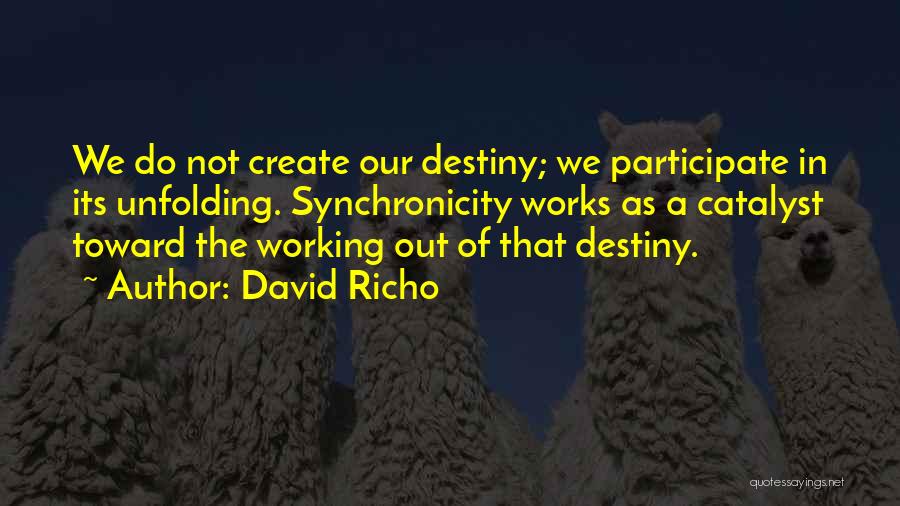 David Richo Quotes: We Do Not Create Our Destiny; We Participate In Its Unfolding. Synchronicity Works As A Catalyst Toward The Working Out