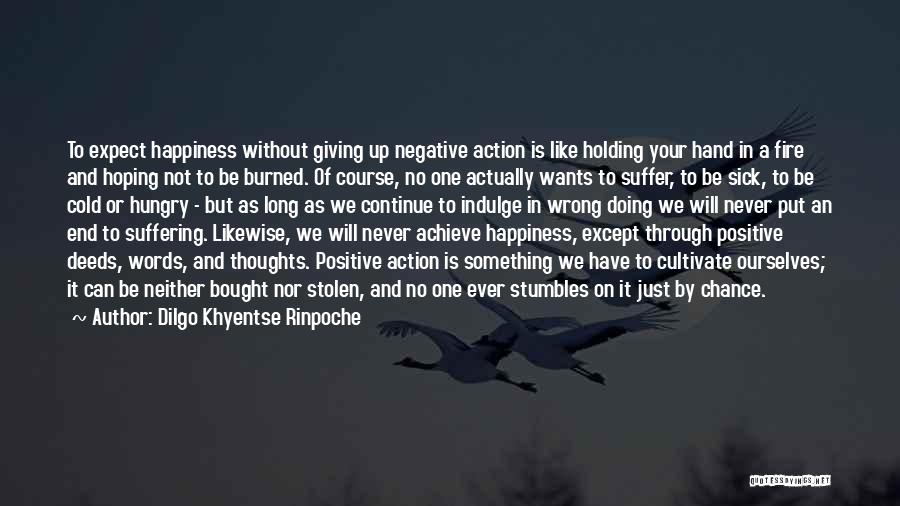 Dilgo Khyentse Rinpoche Quotes: To Expect Happiness Without Giving Up Negative Action Is Like Holding Your Hand In A Fire And Hoping Not To