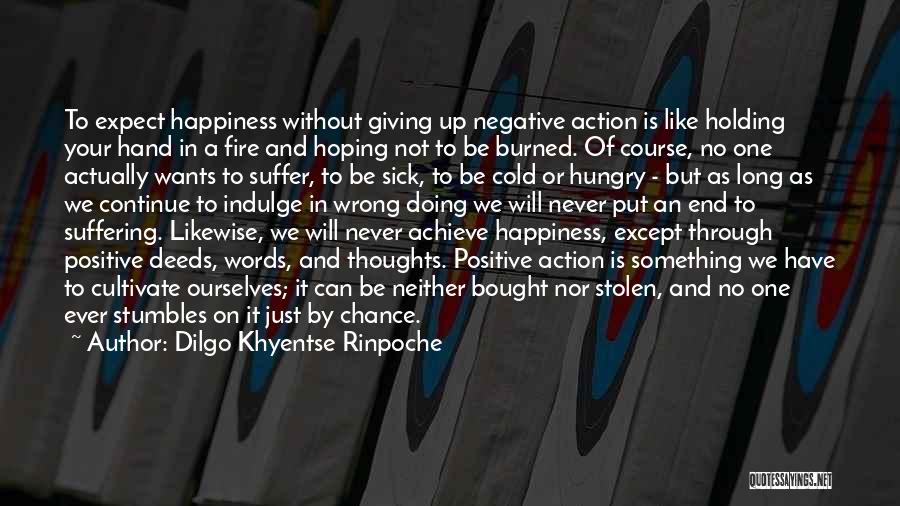 Dilgo Khyentse Rinpoche Quotes: To Expect Happiness Without Giving Up Negative Action Is Like Holding Your Hand In A Fire And Hoping Not To