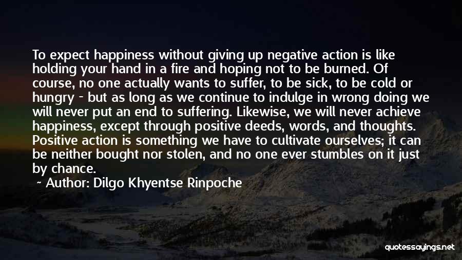 Dilgo Khyentse Rinpoche Quotes: To Expect Happiness Without Giving Up Negative Action Is Like Holding Your Hand In A Fire And Hoping Not To