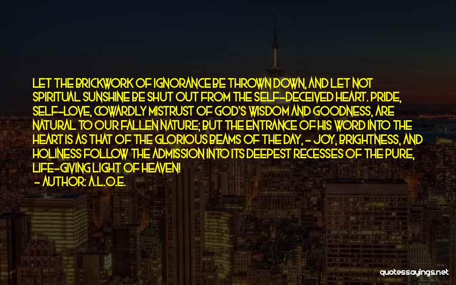 A.L.O.E. Quotes: Let The Brickwork Of Ignorance Be Thrown Down, And Let Not Spiritual Sunshine Be Shut Out From The Self-deceived Heart.