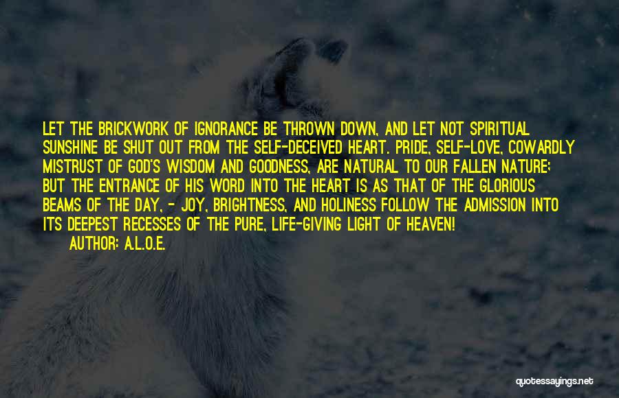 A.L.O.E. Quotes: Let The Brickwork Of Ignorance Be Thrown Down, And Let Not Spiritual Sunshine Be Shut Out From The Self-deceived Heart.