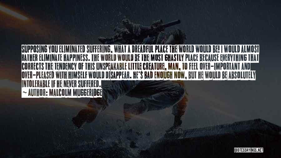Malcolm Muggeridge Quotes: Supposing You Eliminated Suffering, What A Dreadful Place The World Would Be! I Would Almost Rather Eliminate Happiness. The World