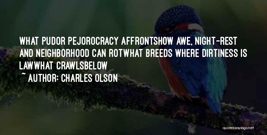 Charles Olson Quotes: What Pudor Pejorocracy Affrontshow Awe, Night-rest And Neighborhood Can Rotwhat Breeds Where Dirtiness Is Lawwhat Crawlsbelow