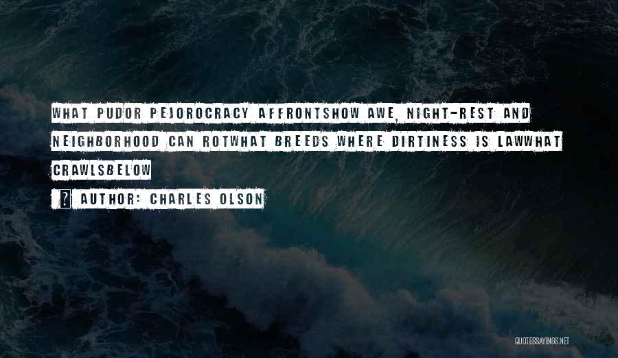 Charles Olson Quotes: What Pudor Pejorocracy Affrontshow Awe, Night-rest And Neighborhood Can Rotwhat Breeds Where Dirtiness Is Lawwhat Crawlsbelow