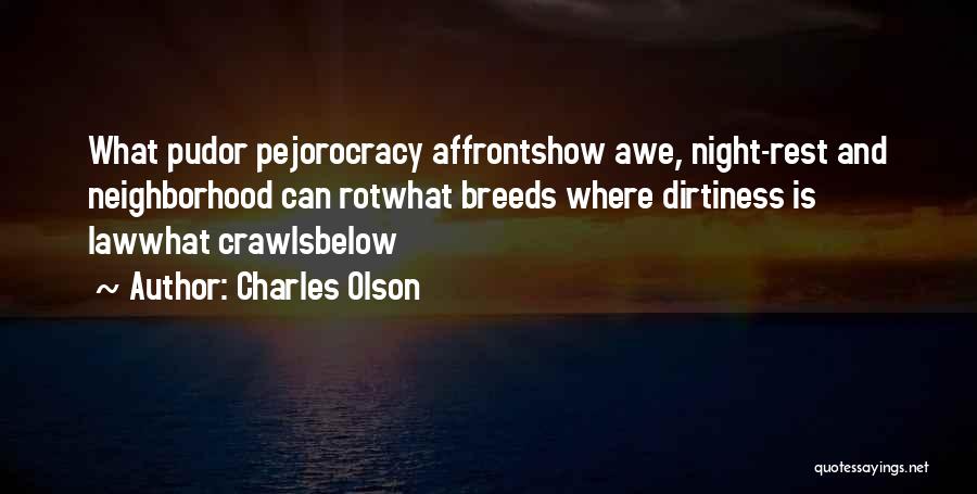 Charles Olson Quotes: What Pudor Pejorocracy Affrontshow Awe, Night-rest And Neighborhood Can Rotwhat Breeds Where Dirtiness Is Lawwhat Crawlsbelow