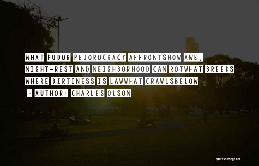 Charles Olson Quotes: What Pudor Pejorocracy Affrontshow Awe, Night-rest And Neighborhood Can Rotwhat Breeds Where Dirtiness Is Lawwhat Crawlsbelow