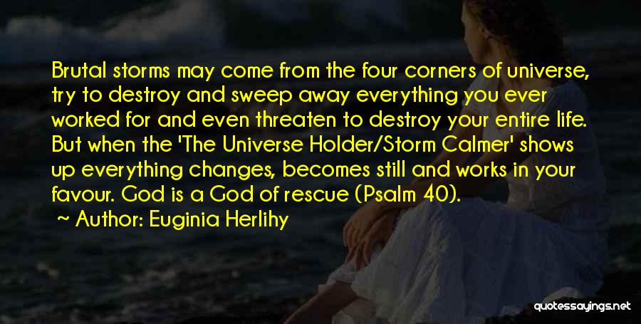 Euginia Herlihy Quotes: Brutal Storms May Come From The Four Corners Of Universe, Try To Destroy And Sweep Away Everything You Ever Worked