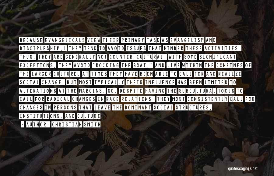 Christian Smith Quotes: Because Evangelicals View Their Primary Task As Evangelism And Discipleship,1 They Tend To Avoid Issues That Hinder These Activities. Thus,