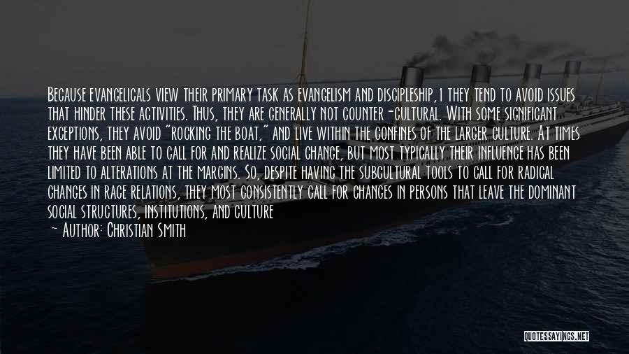 Christian Smith Quotes: Because Evangelicals View Their Primary Task As Evangelism And Discipleship,1 They Tend To Avoid Issues That Hinder These Activities. Thus,