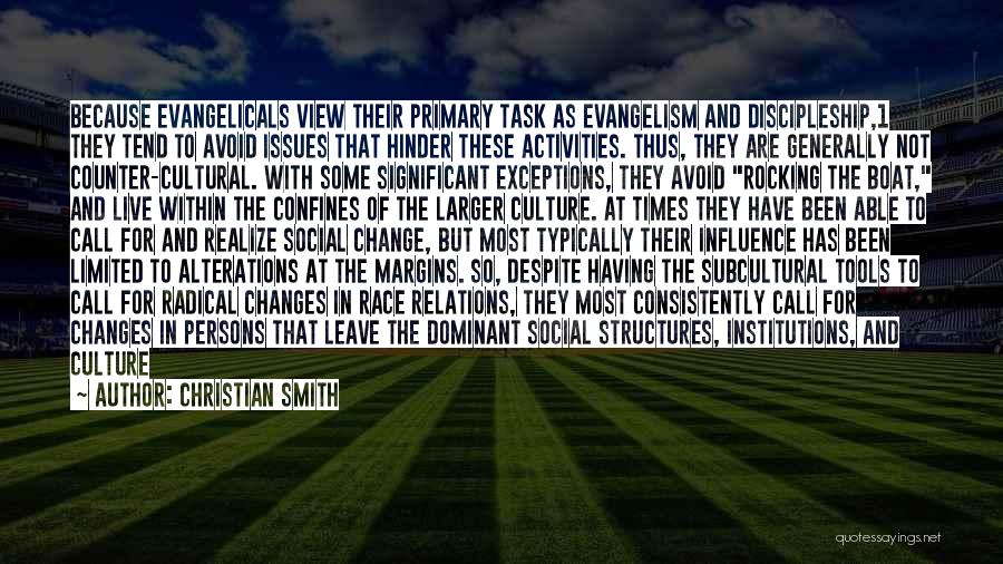 Christian Smith Quotes: Because Evangelicals View Their Primary Task As Evangelism And Discipleship,1 They Tend To Avoid Issues That Hinder These Activities. Thus,