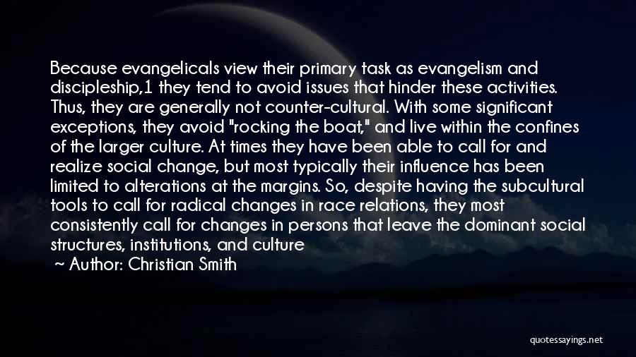 Christian Smith Quotes: Because Evangelicals View Their Primary Task As Evangelism And Discipleship,1 They Tend To Avoid Issues That Hinder These Activities. Thus,