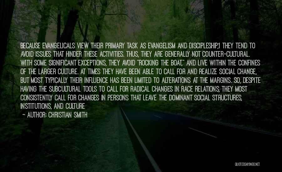 Christian Smith Quotes: Because Evangelicals View Their Primary Task As Evangelism And Discipleship,1 They Tend To Avoid Issues That Hinder These Activities. Thus,