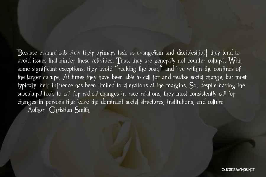 Christian Smith Quotes: Because Evangelicals View Their Primary Task As Evangelism And Discipleship,1 They Tend To Avoid Issues That Hinder These Activities. Thus,