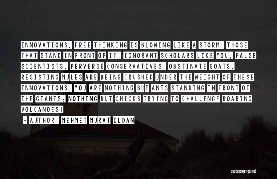 Mehmet Murat Ildan Quotes: Innovations, Free Thinking Is Blowing Like A Storm; Those That Stand In Front Of It, Ignorant Scholars Like You, False