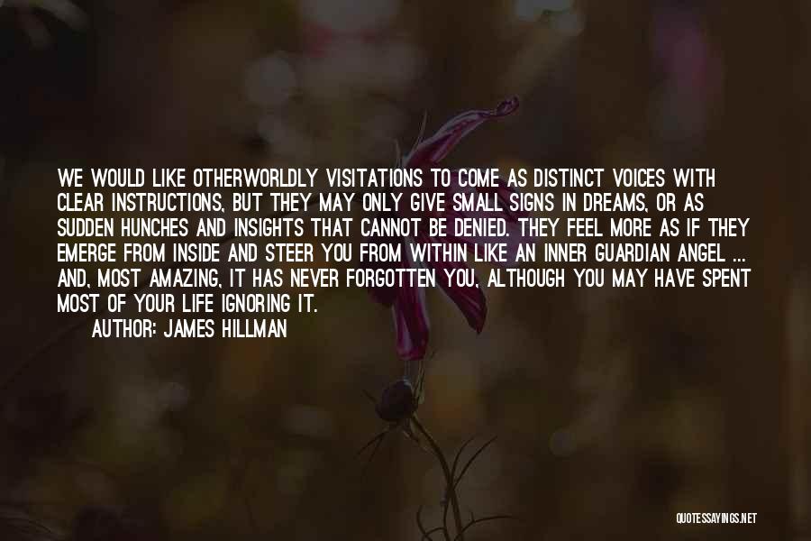 James Hillman Quotes: We Would Like Otherworldly Visitations To Come As Distinct Voices With Clear Instructions, But They May Only Give Small Signs