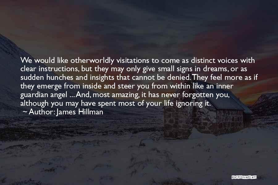 James Hillman Quotes: We Would Like Otherworldly Visitations To Come As Distinct Voices With Clear Instructions, But They May Only Give Small Signs