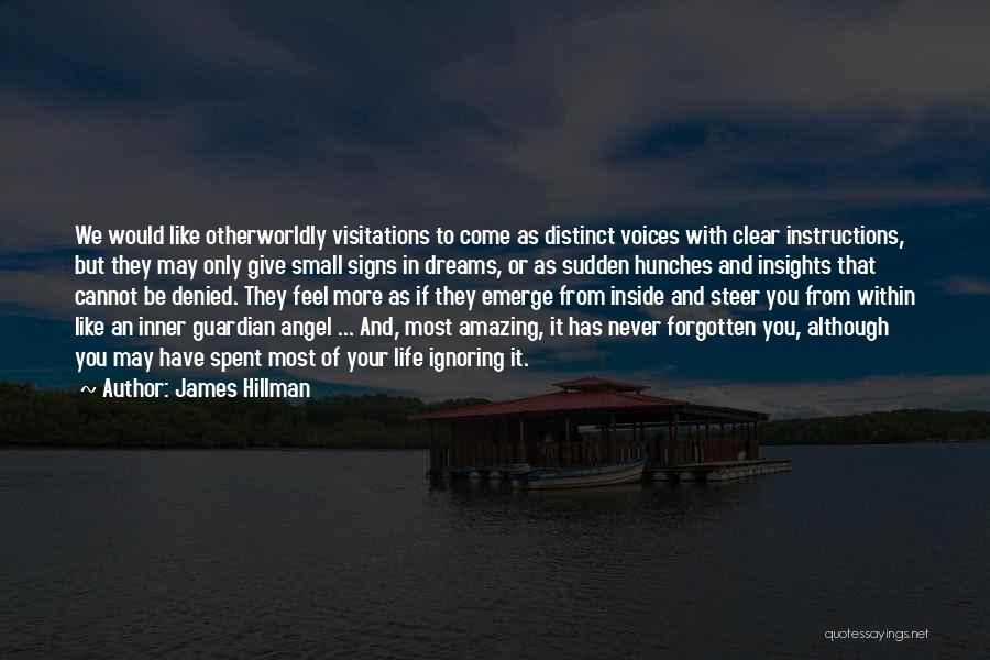 James Hillman Quotes: We Would Like Otherworldly Visitations To Come As Distinct Voices With Clear Instructions, But They May Only Give Small Signs