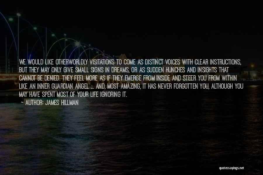 James Hillman Quotes: We Would Like Otherworldly Visitations To Come As Distinct Voices With Clear Instructions, But They May Only Give Small Signs