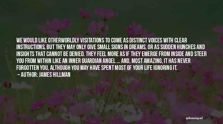 James Hillman Quotes: We Would Like Otherworldly Visitations To Come As Distinct Voices With Clear Instructions, But They May Only Give Small Signs