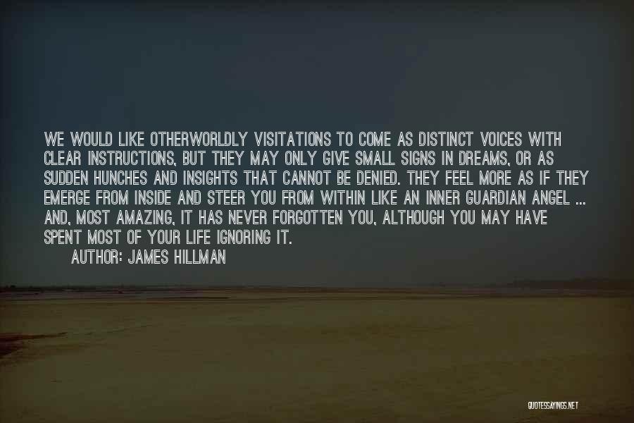 James Hillman Quotes: We Would Like Otherworldly Visitations To Come As Distinct Voices With Clear Instructions, But They May Only Give Small Signs