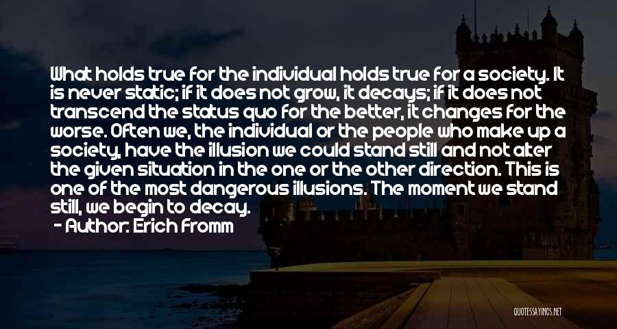 Erich Fromm Quotes: What Holds True For The Individual Holds True For A Society. It Is Never Static; If It Does Not Grow,