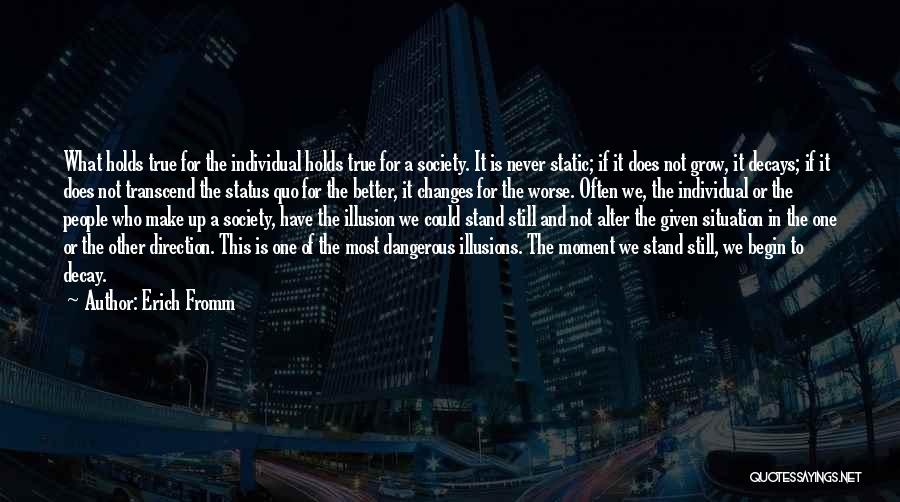 Erich Fromm Quotes: What Holds True For The Individual Holds True For A Society. It Is Never Static; If It Does Not Grow,