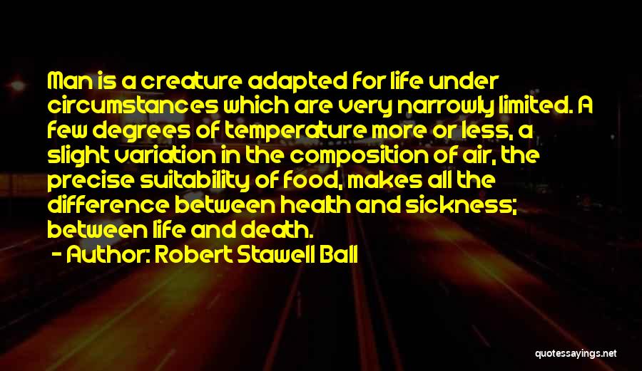 Robert Stawell Ball Quotes: Man Is A Creature Adapted For Life Under Circumstances Which Are Very Narrowly Limited. A Few Degrees Of Temperature More