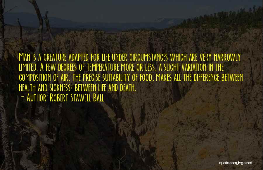 Robert Stawell Ball Quotes: Man Is A Creature Adapted For Life Under Circumstances Which Are Very Narrowly Limited. A Few Degrees Of Temperature More