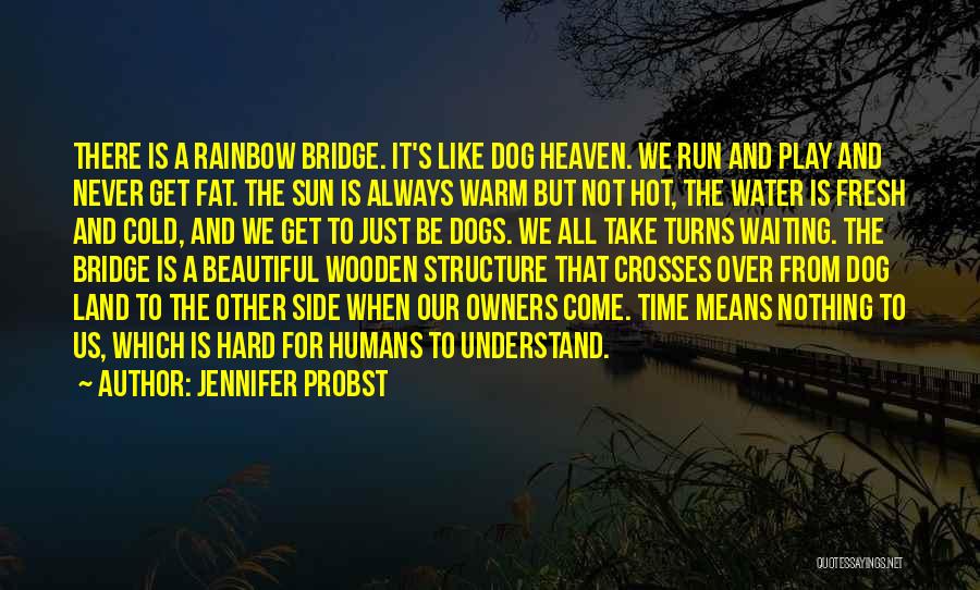 Jennifer Probst Quotes: There Is A Rainbow Bridge. It's Like Dog Heaven. We Run And Play And Never Get Fat. The Sun Is